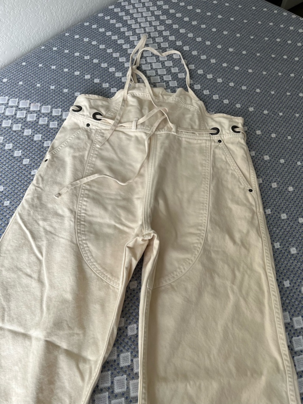Kapital Cream Canvas Bib Overalls with Black Grommets